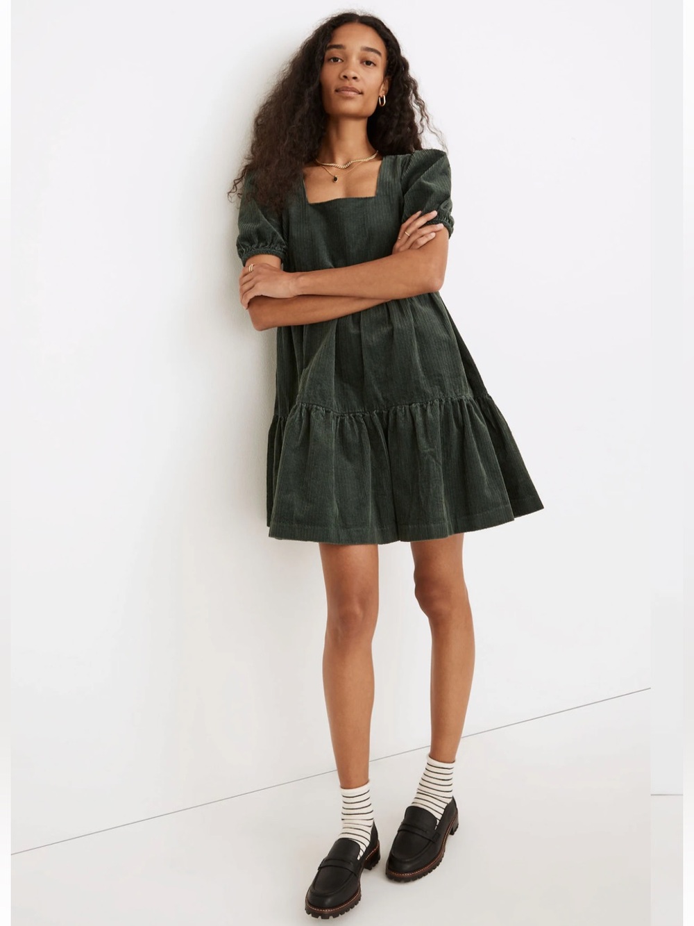 Madewell Corduroy Aidy Square-Neck Babydoll Tiered Mini Dress size 12